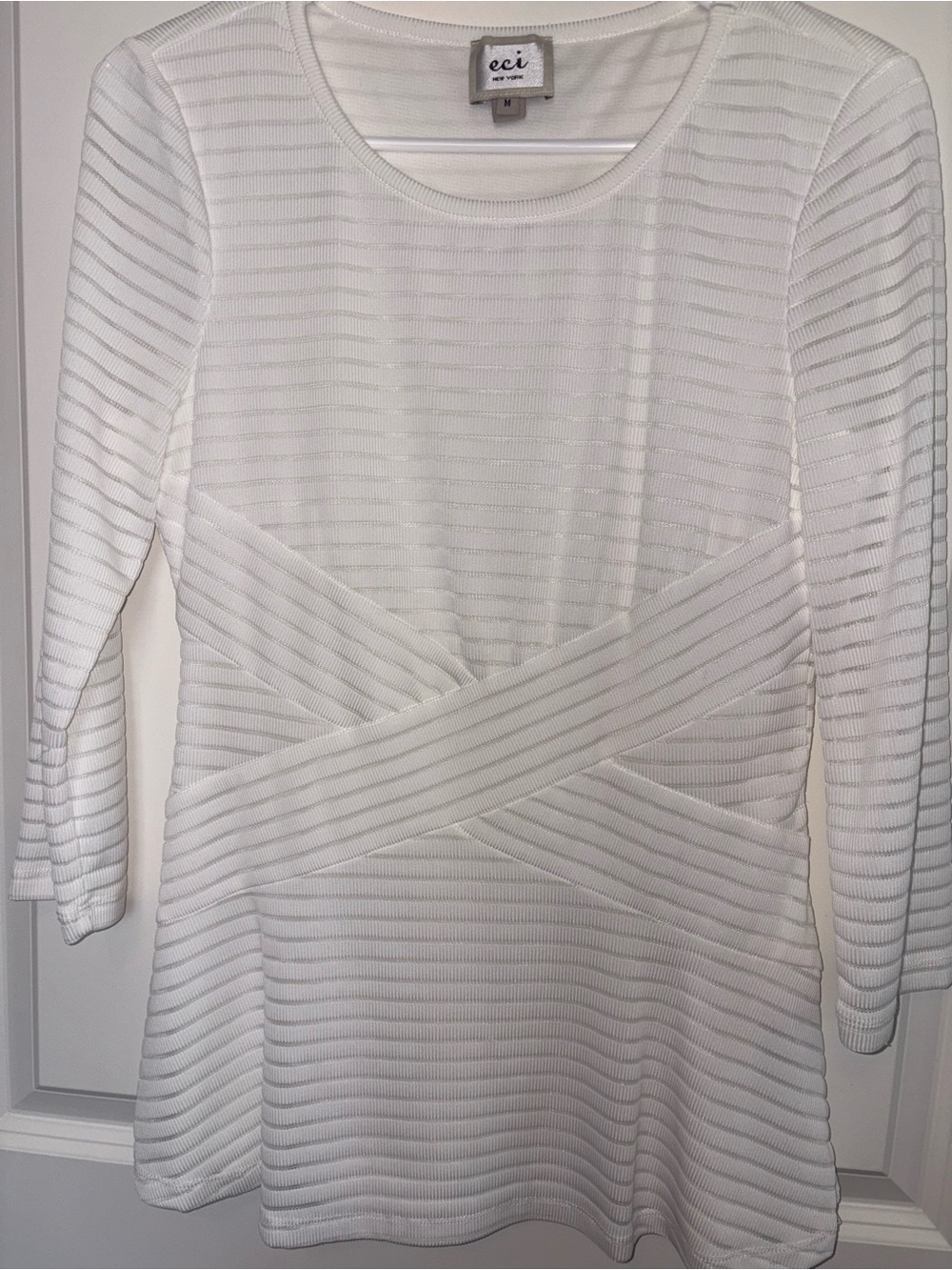 ECI White Long Sleeve Textured Crisscross Waist Dress